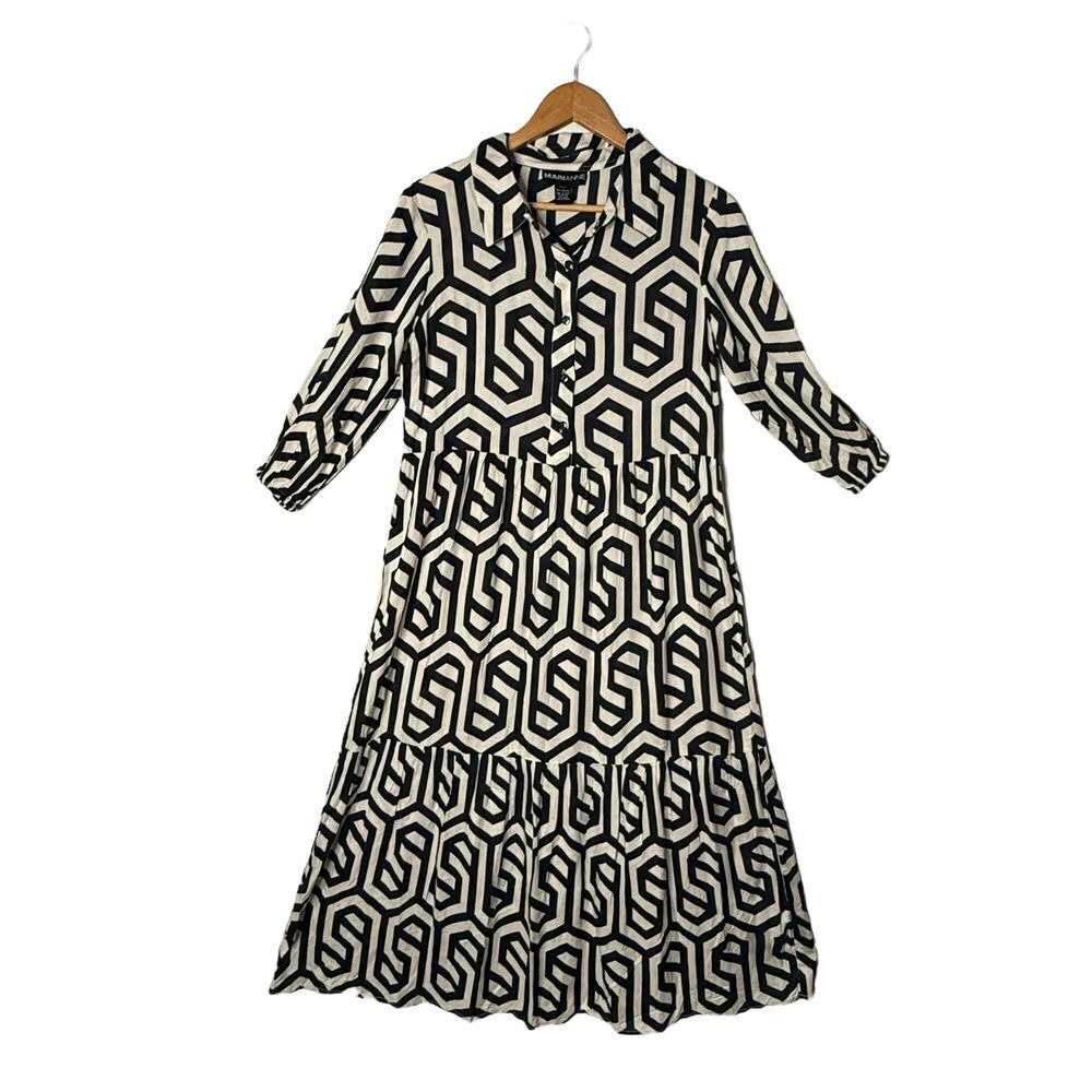 Womens Black Geometric Print Midi Maxi Dress Statement Piece Flowy‎ Size S/M